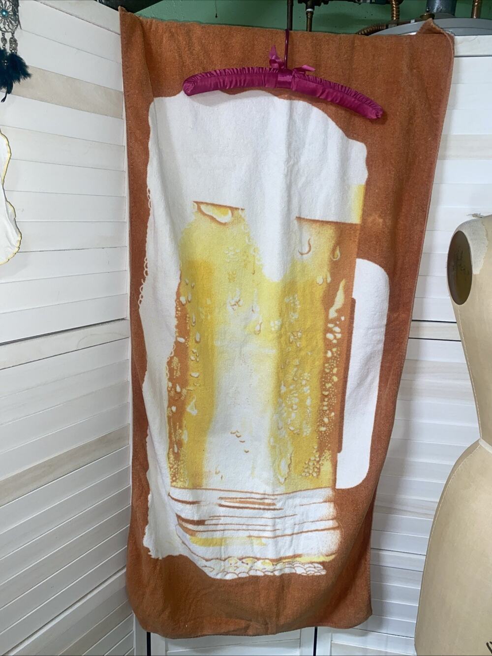 Vintage Hiltex Beer Mug Foam Beach Towel Retro 80s 90s Cotton 27”x 53”